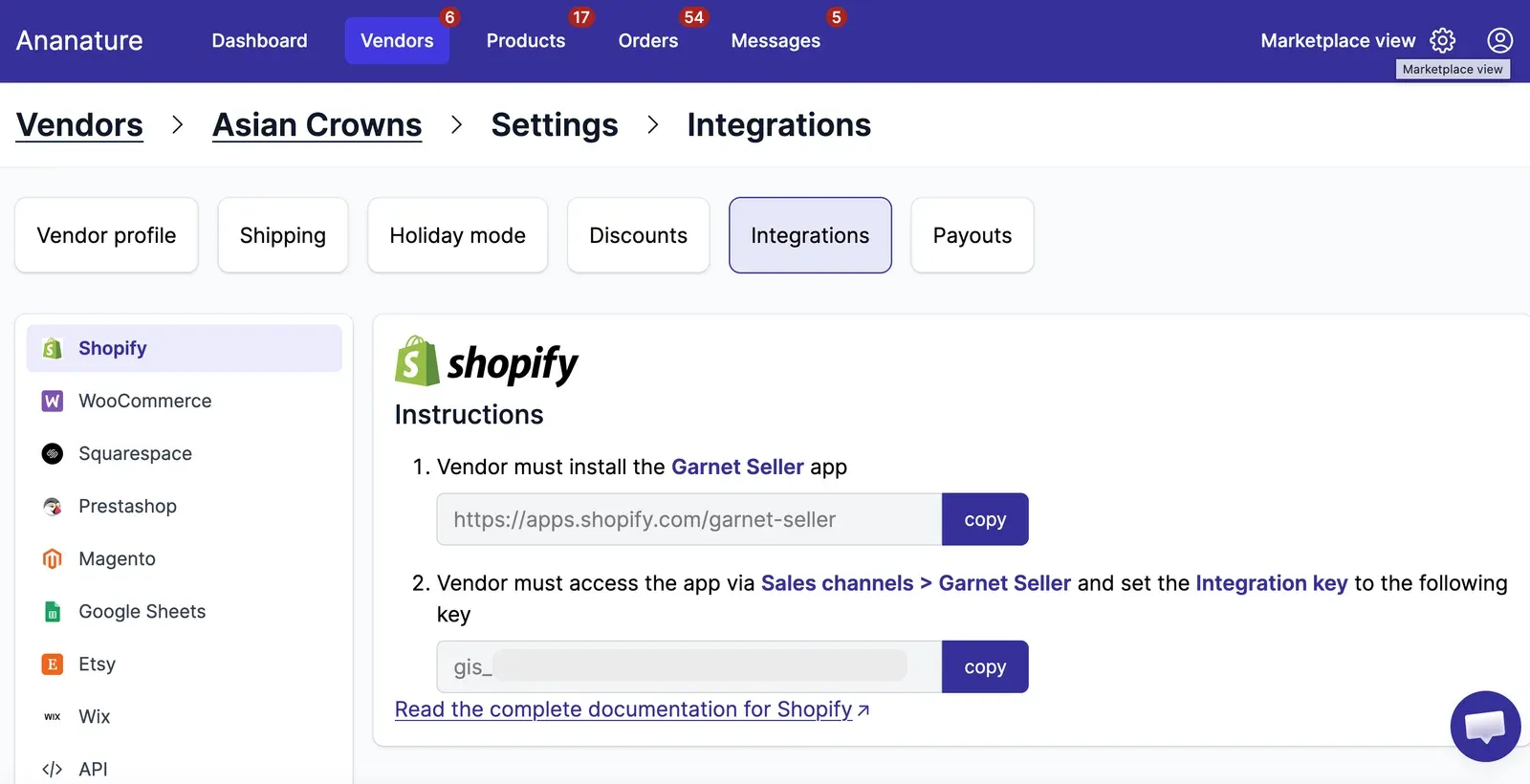 Vendor integrations settings in Garnet: Shopify, WooCommerce, Squarespace and more