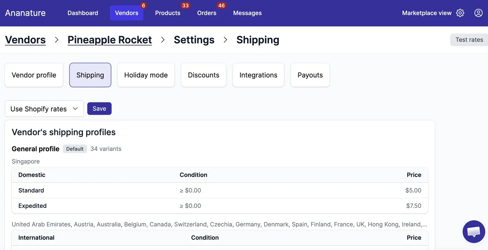 Vendor shipping profiles in Garnet