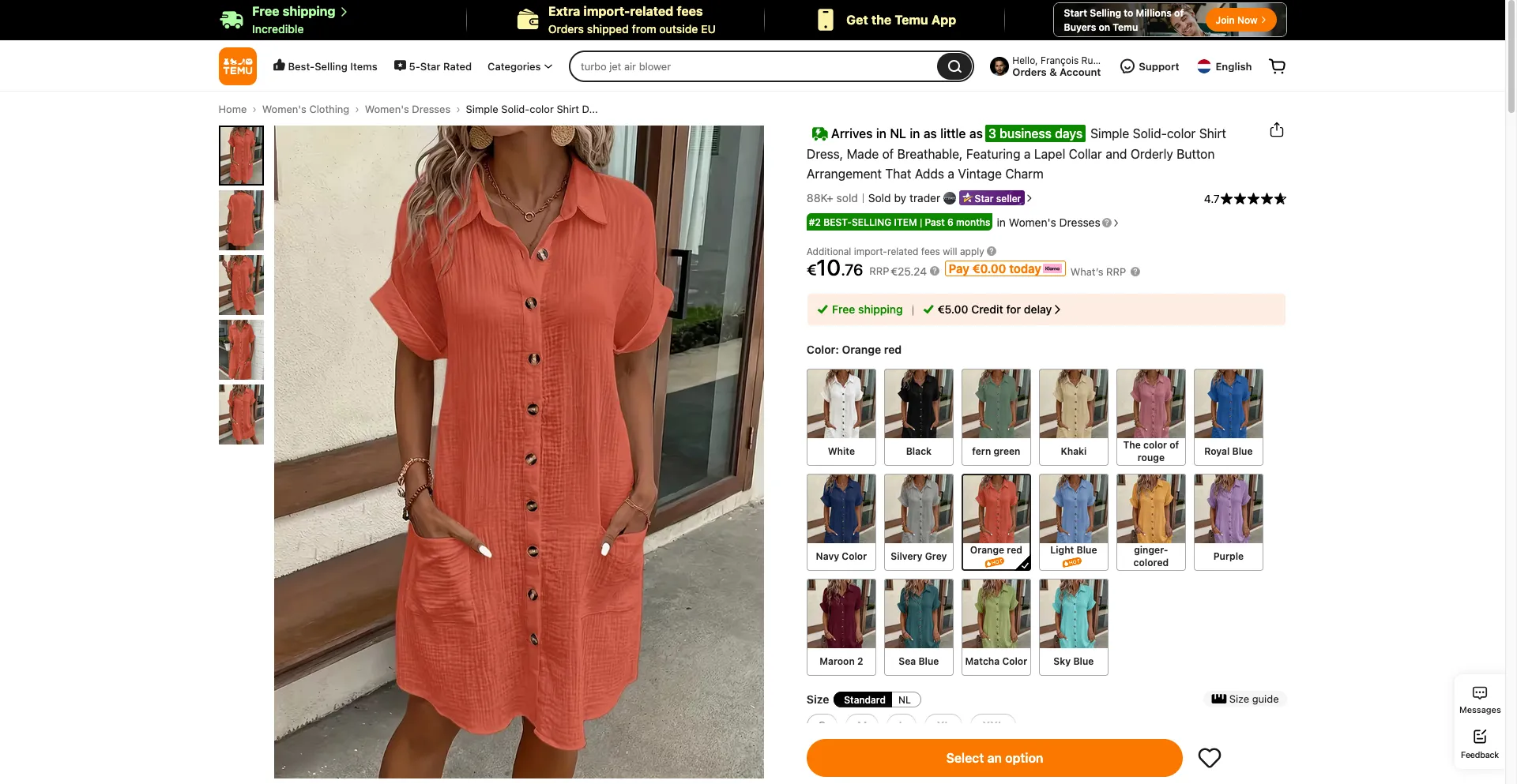 Temu product page
