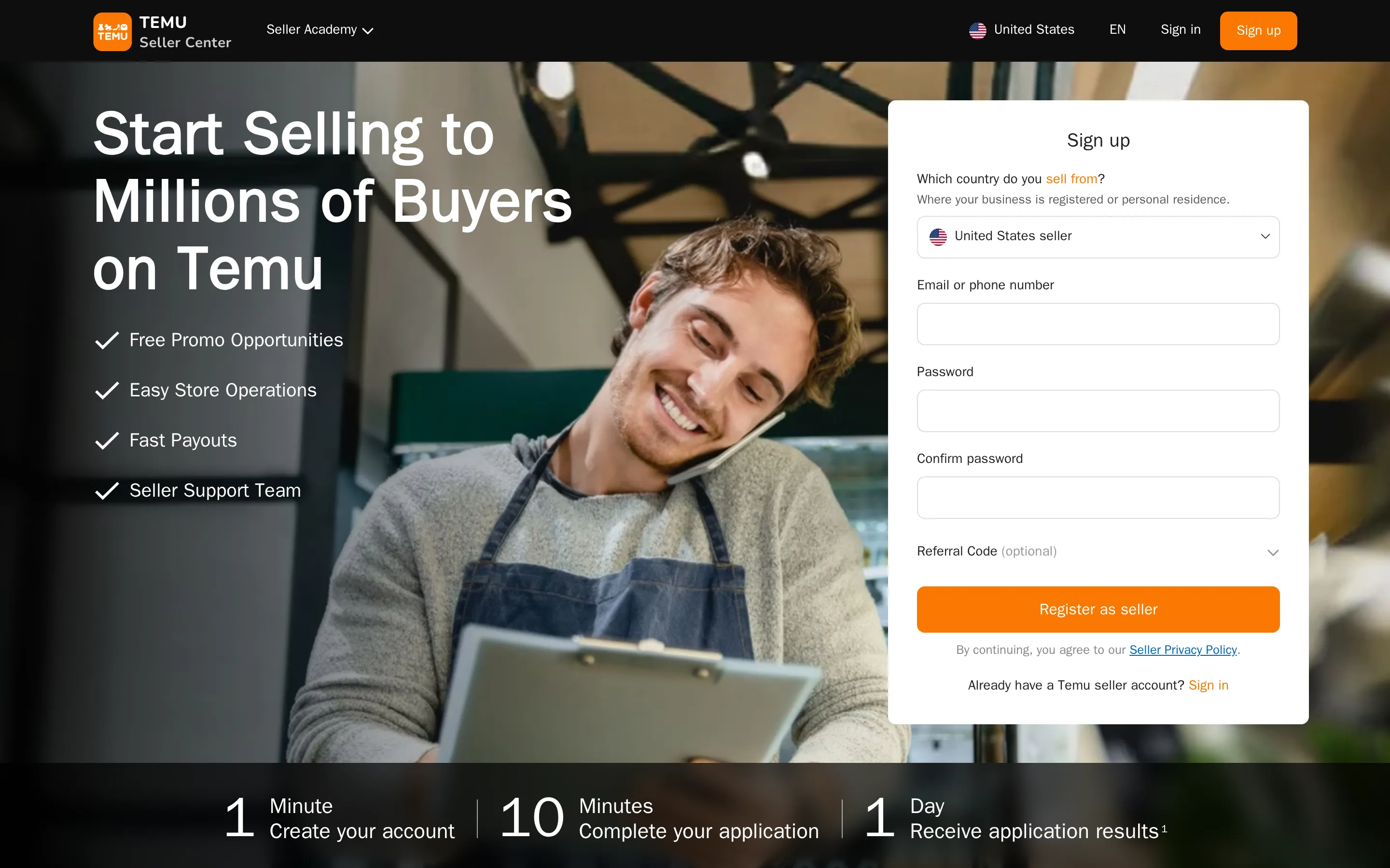Temu seller page