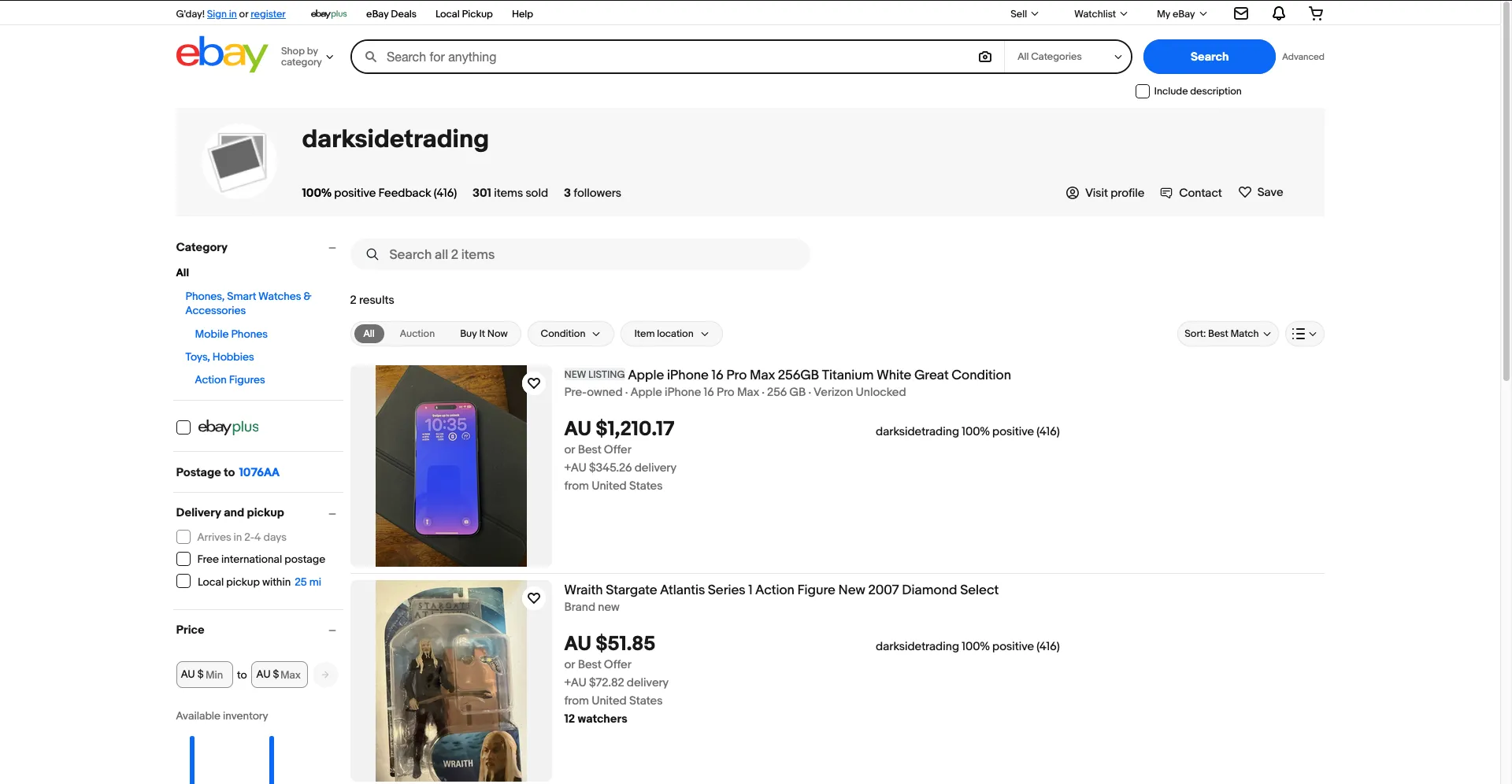 eBay vendor page