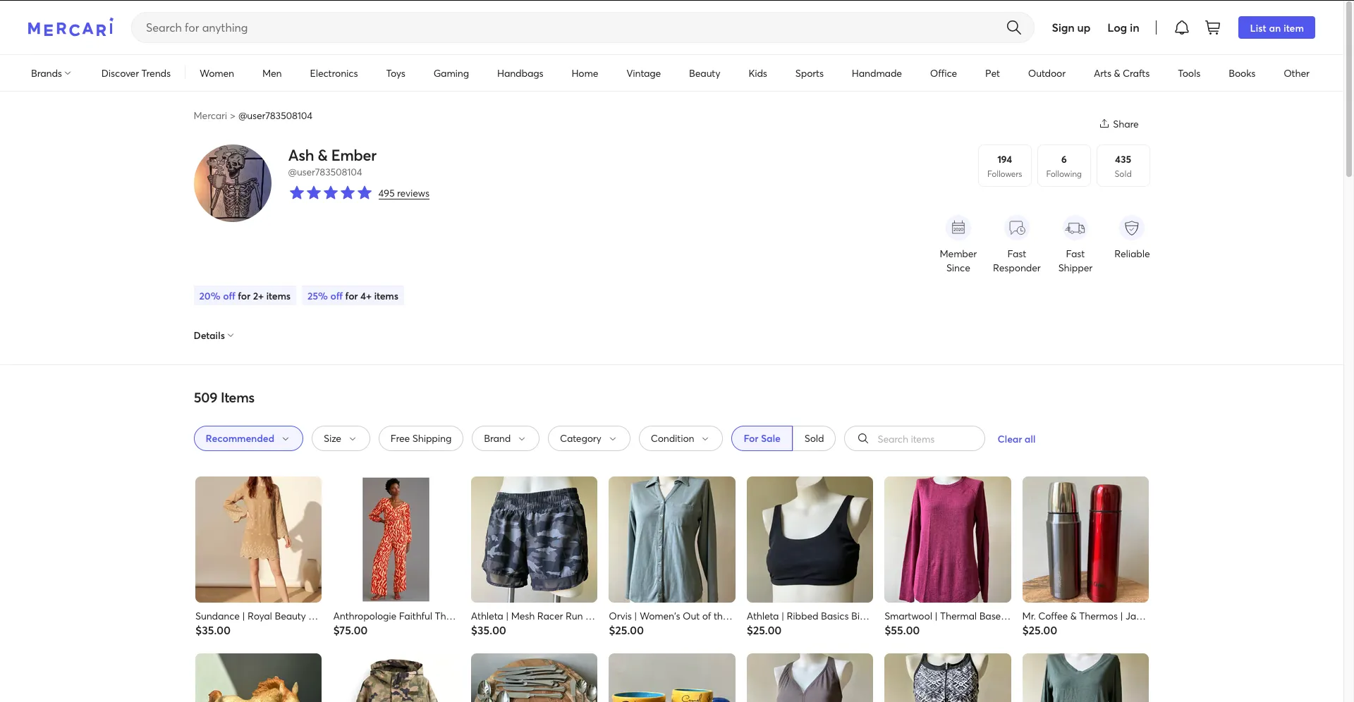 Mercari vendor page