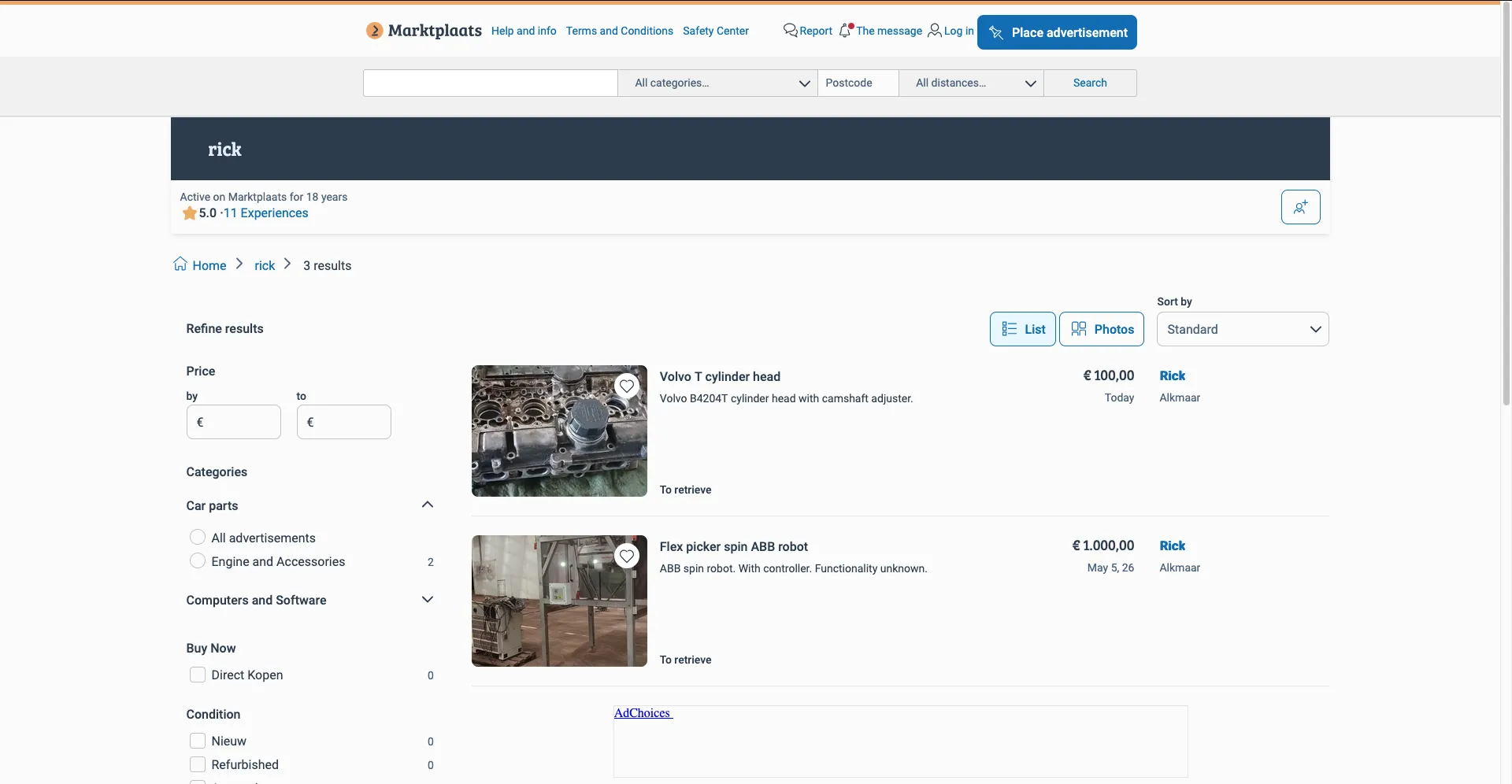 Marktplaats vendor page