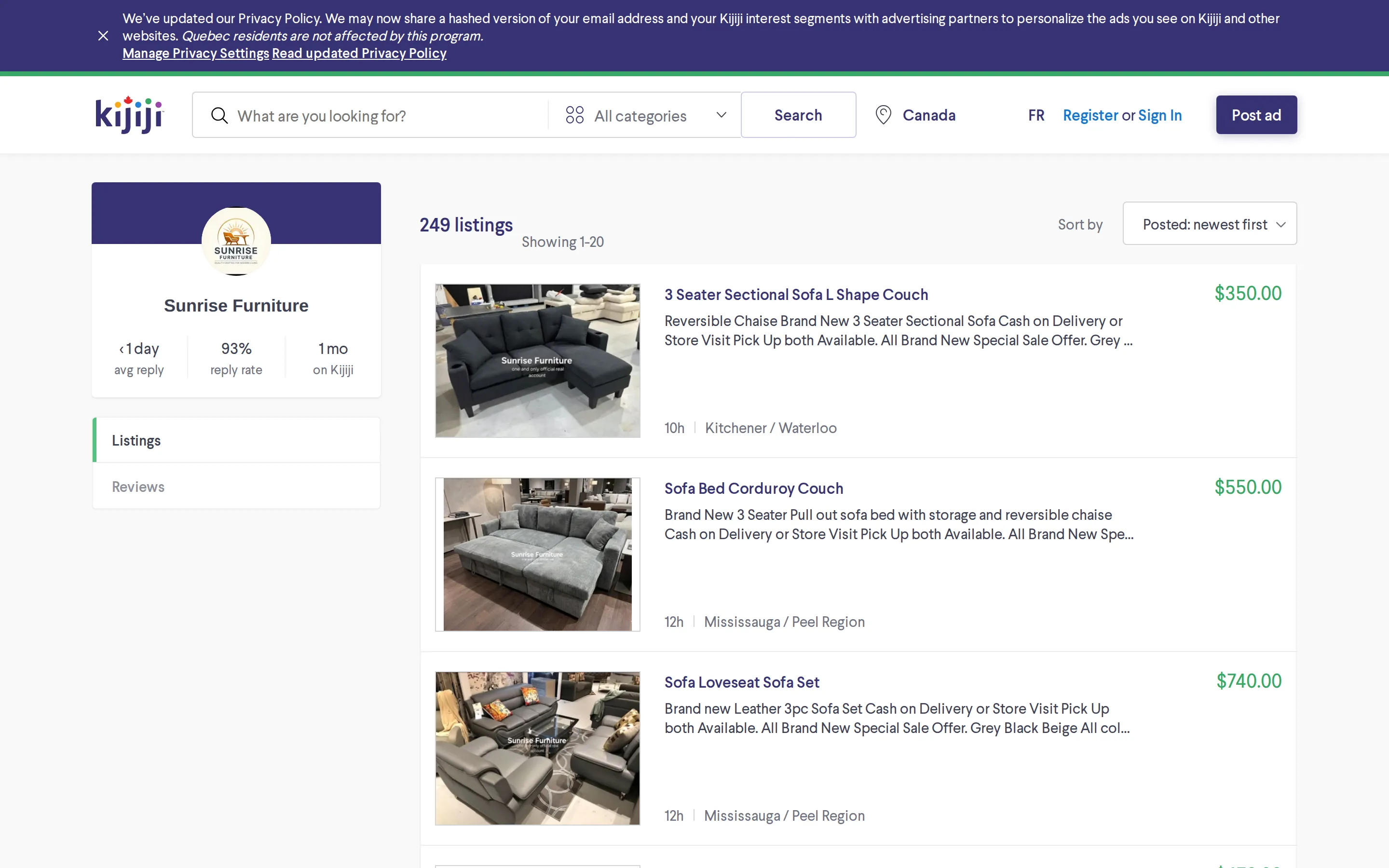 Kijiji vendor page