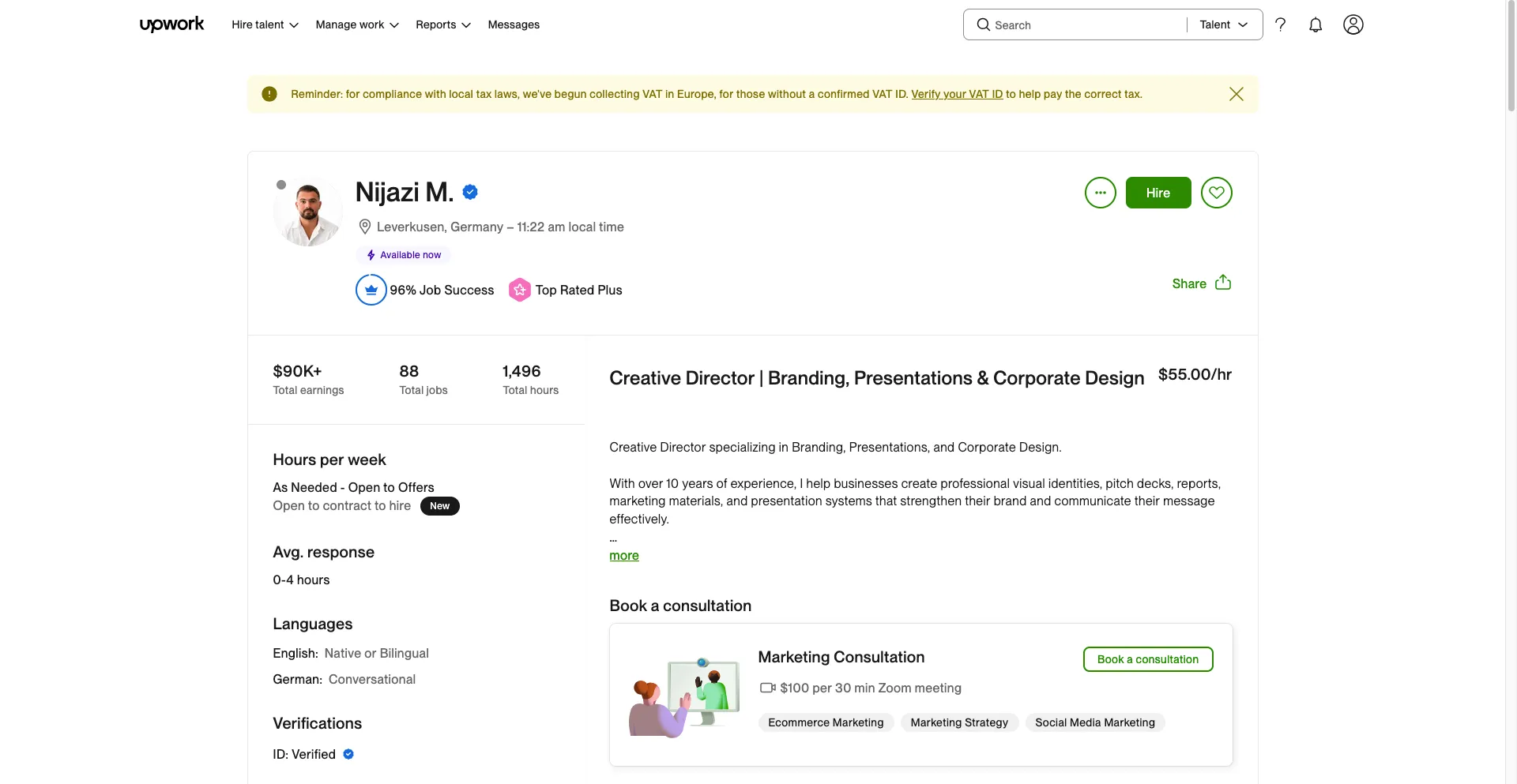 Upwork vendor page