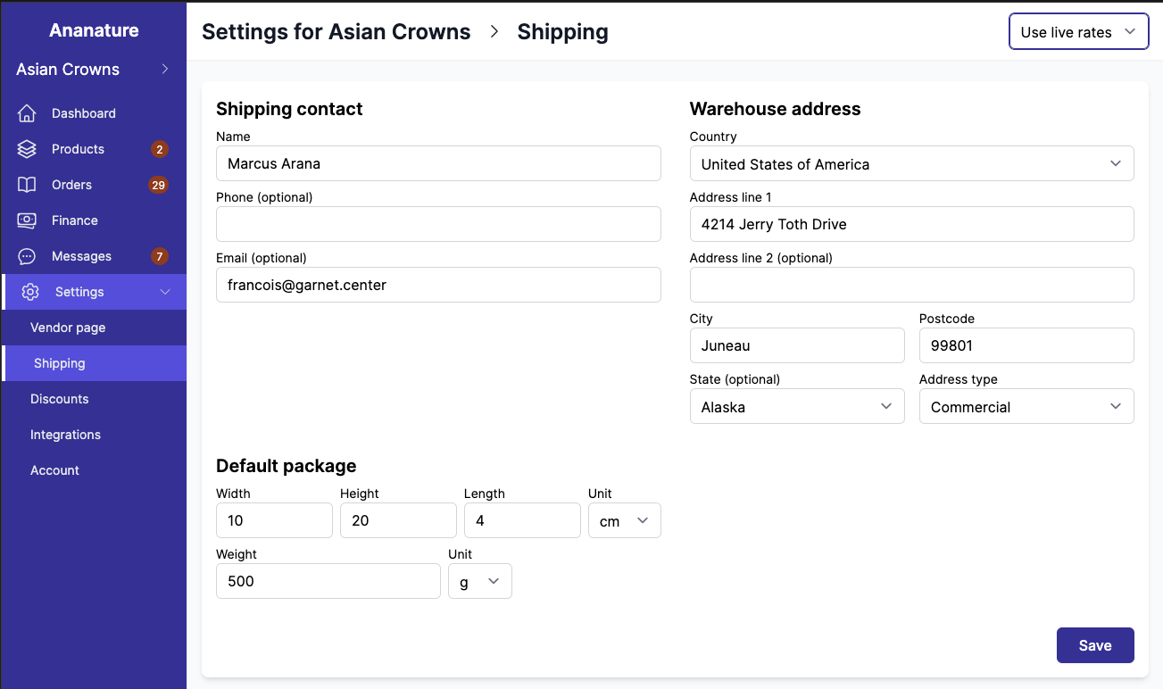 Vendor sets their warehouse address screenshot
