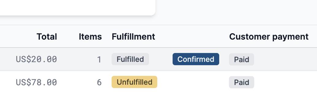 Shipment status on the orders list