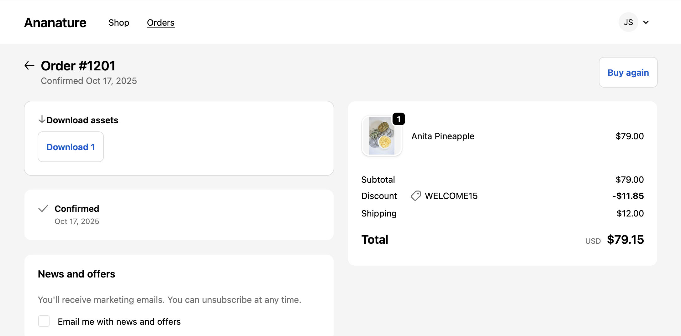 Digital assets download block on order status page