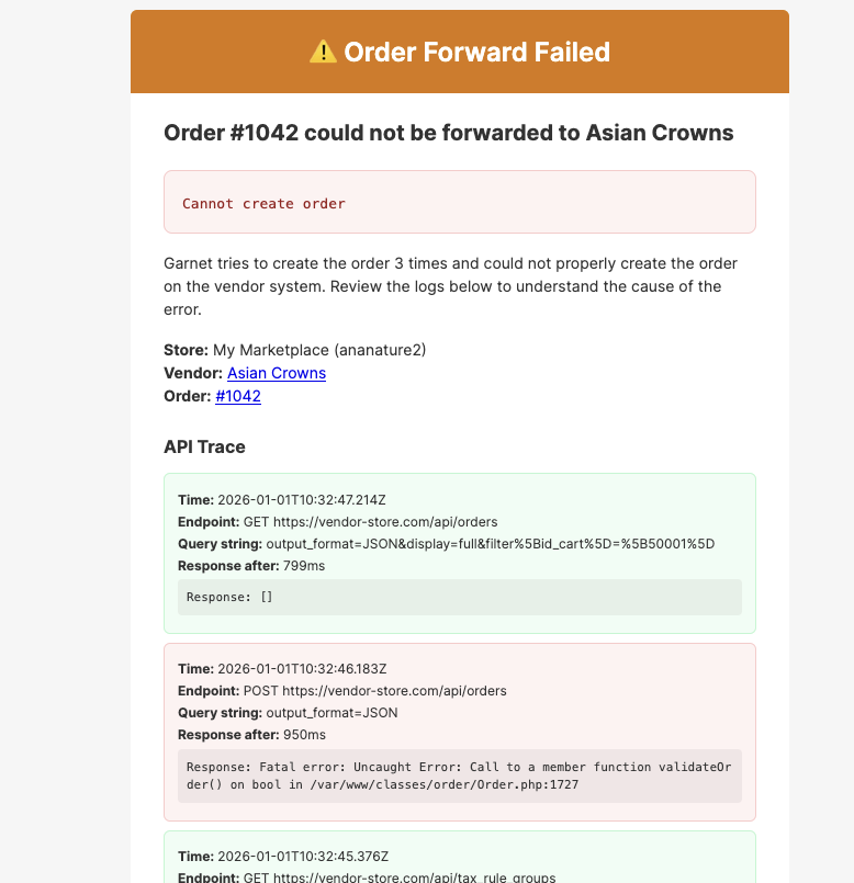 Order forward failed email with API trace