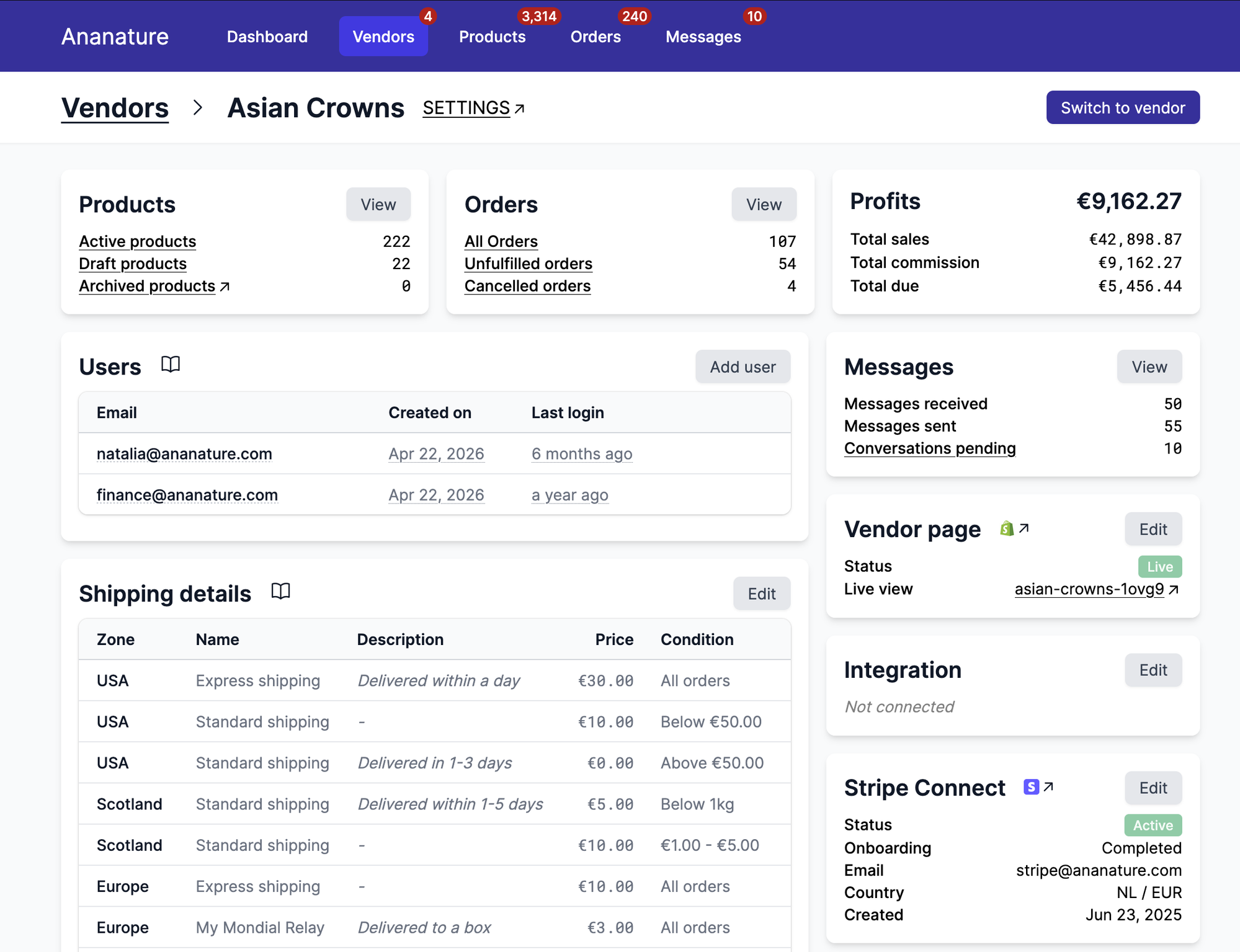 Vendor detail layout