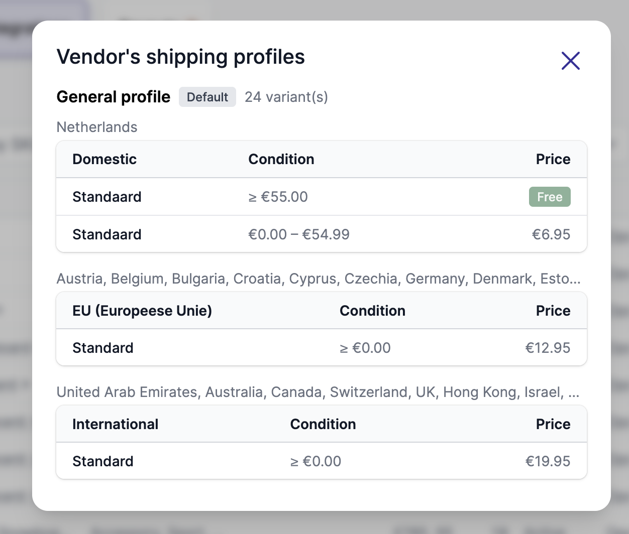 Vendor's shipping profiles