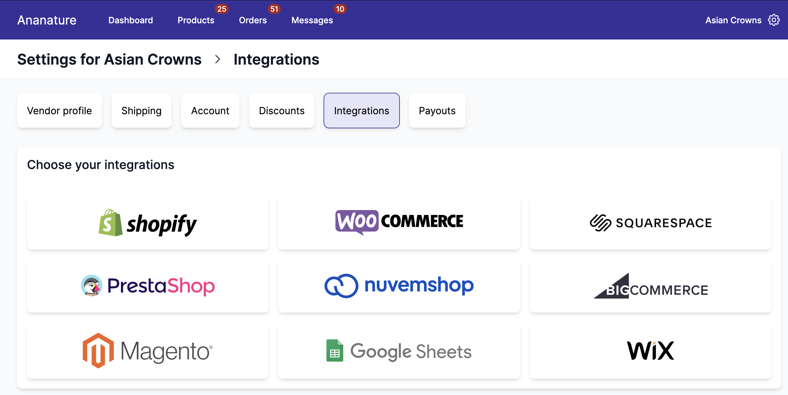 All integrations available to vendors