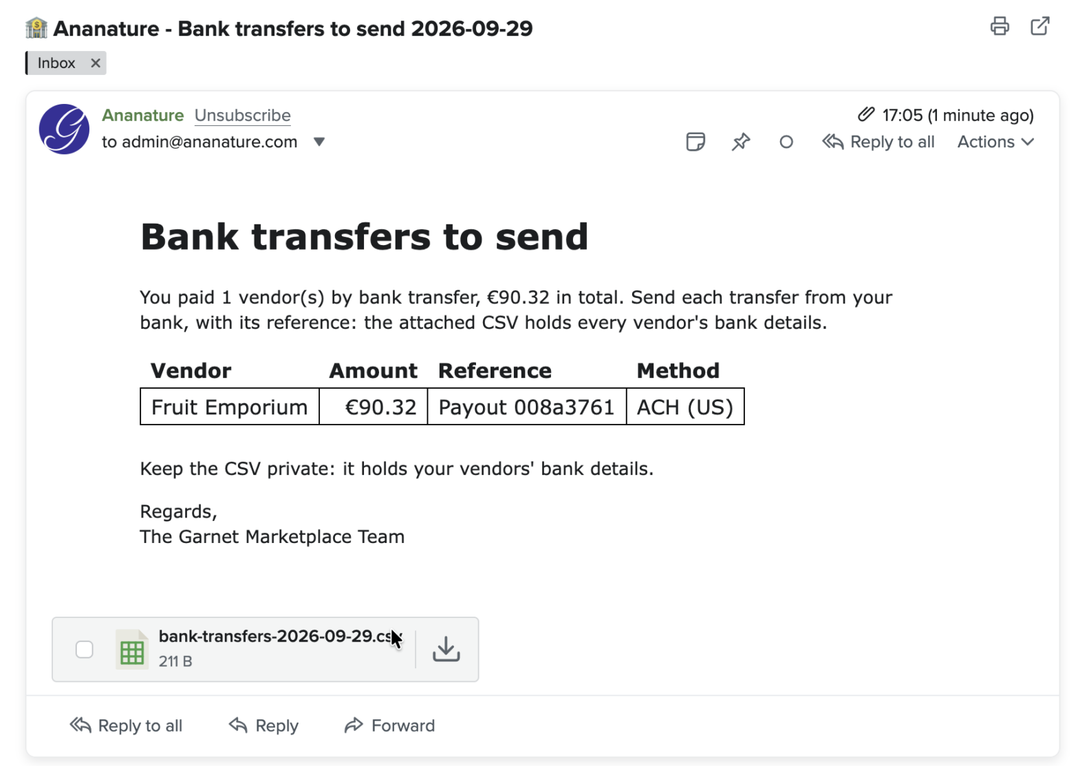 Email listing the bank transfers to send, with the CSV attached