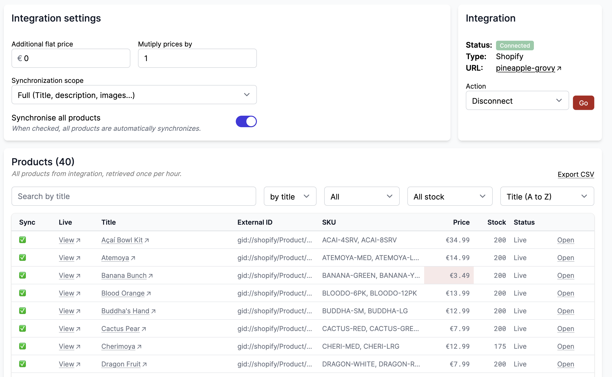 setup integration price compare price update