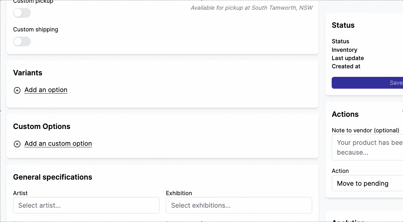 Custom options demo — vendor adding options to a product