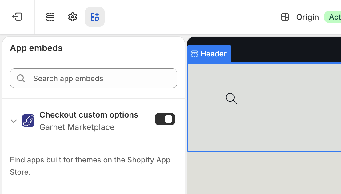 Shopify App embeds panel showing the Checkout custom options toggle