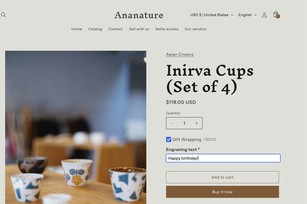 Custom options on the product page — toggle with pricing and required text field
