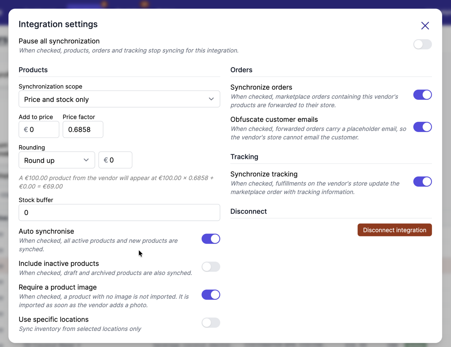 Integration settings window