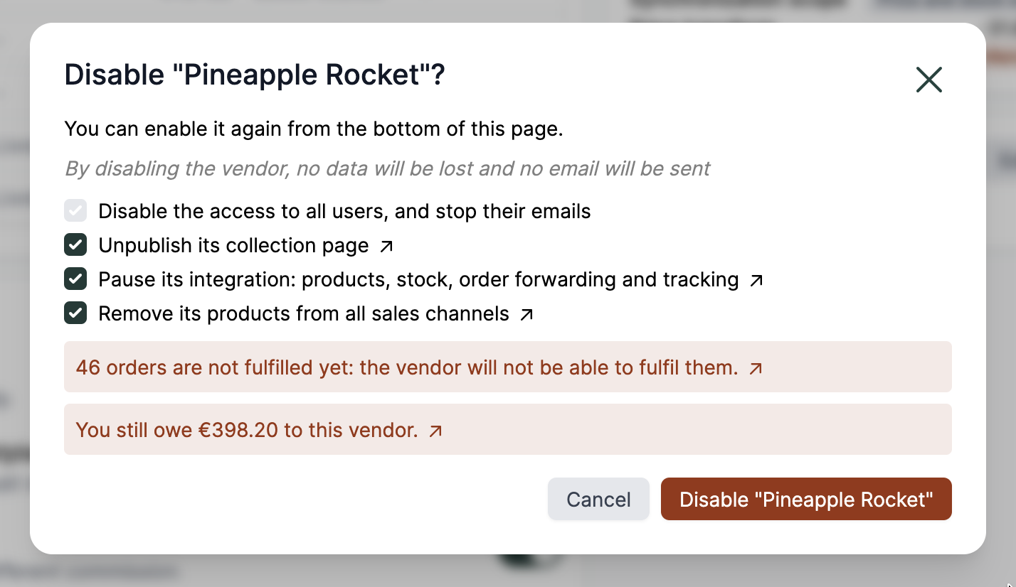 Confirmation window to disable a vendor