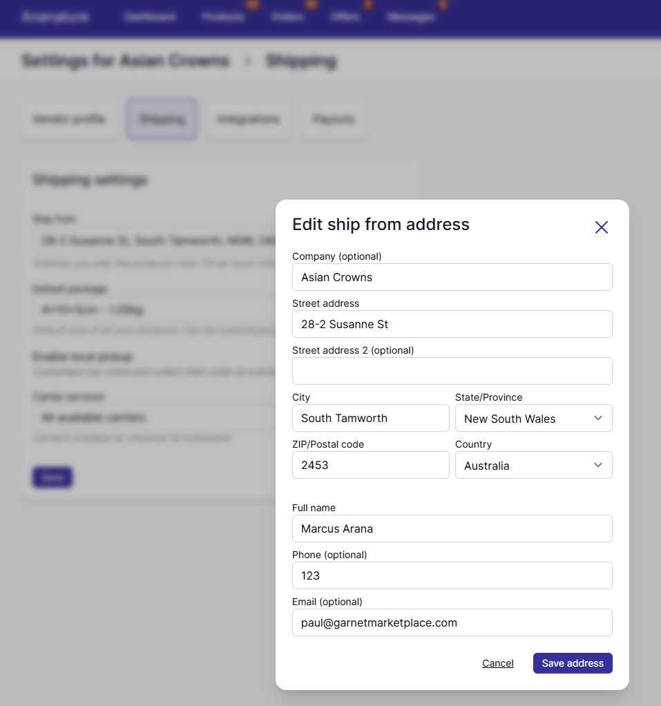 easyship vendor shipping address