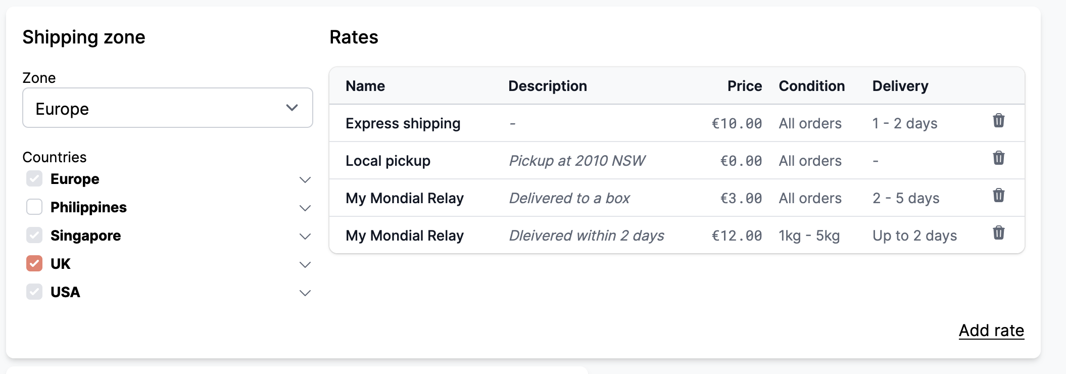 Delivery times in the shipping rates table