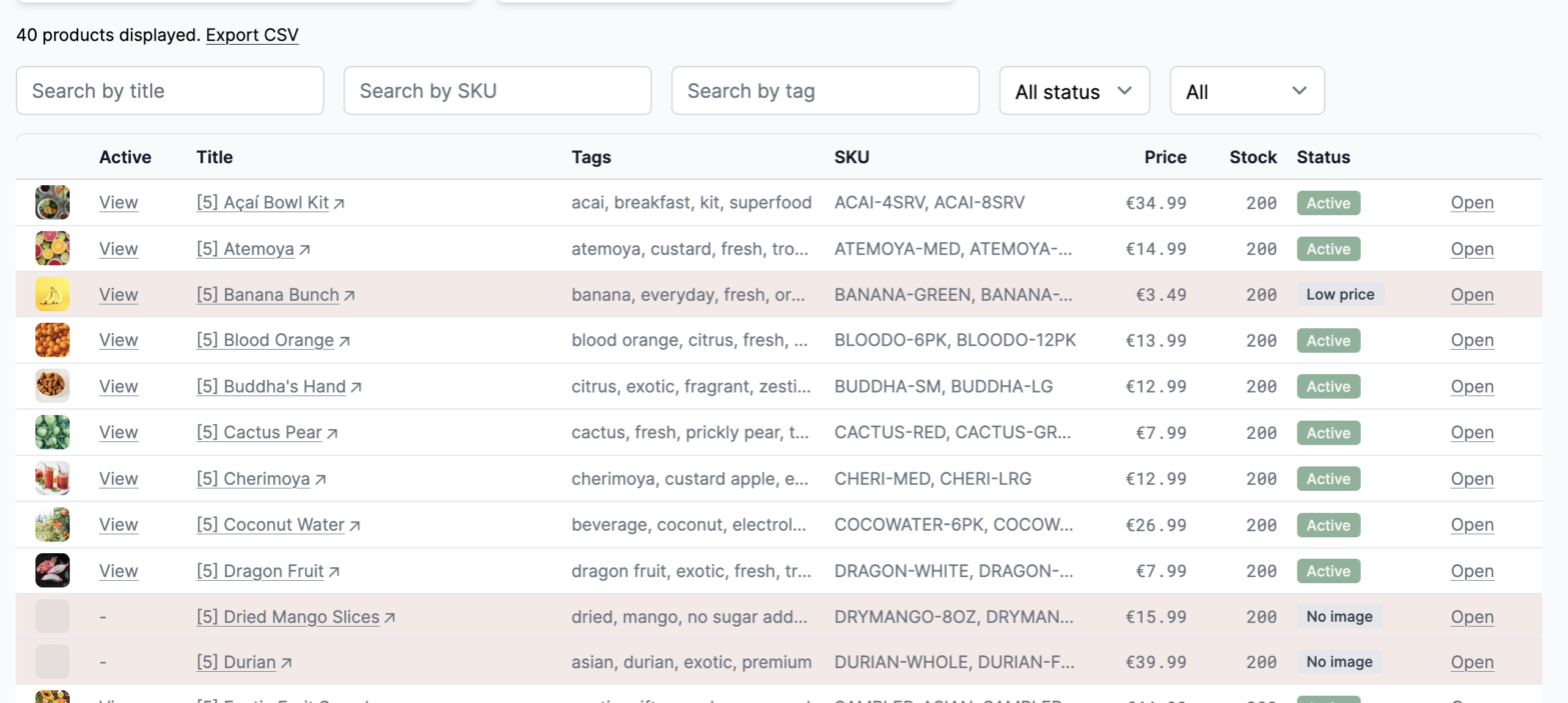 Integration products list with thumbnails and status reasons