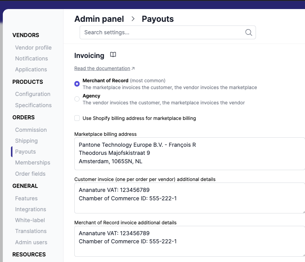 Invoicing settings