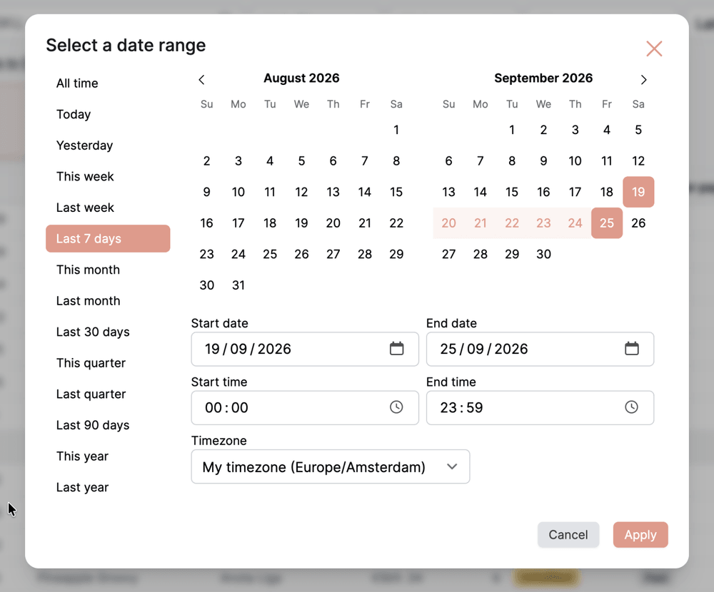 Custom date range window with presets, a two-month calendar, times and timezone