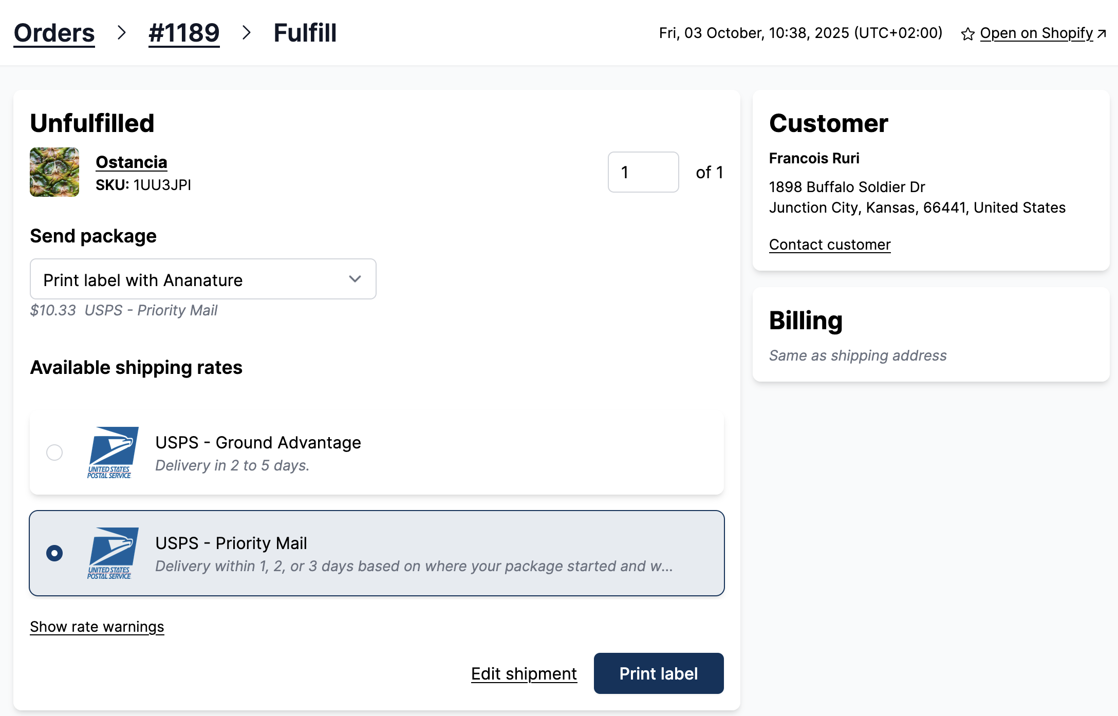 Vendor purchase a shipping label for an order