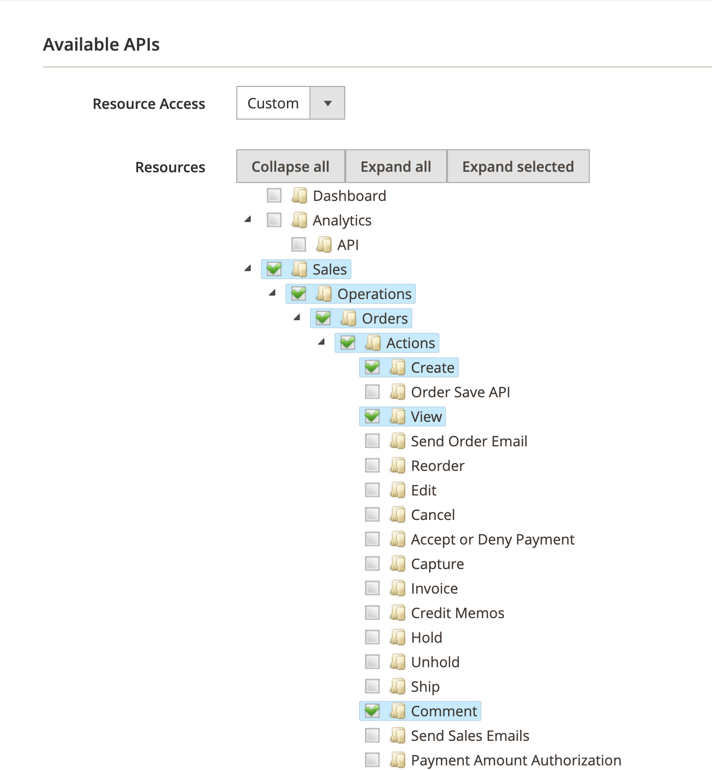Resources ticked in the API tab of the Magento integration