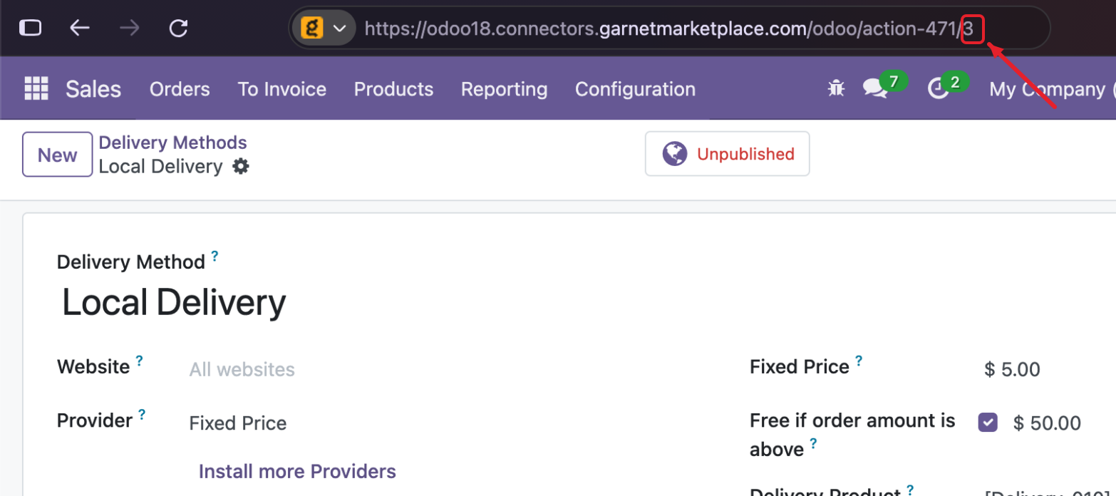 A delivery method open in Odoo 18: its ID, 3, ends the address