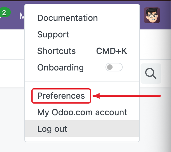 Odoo user menu with Preferences