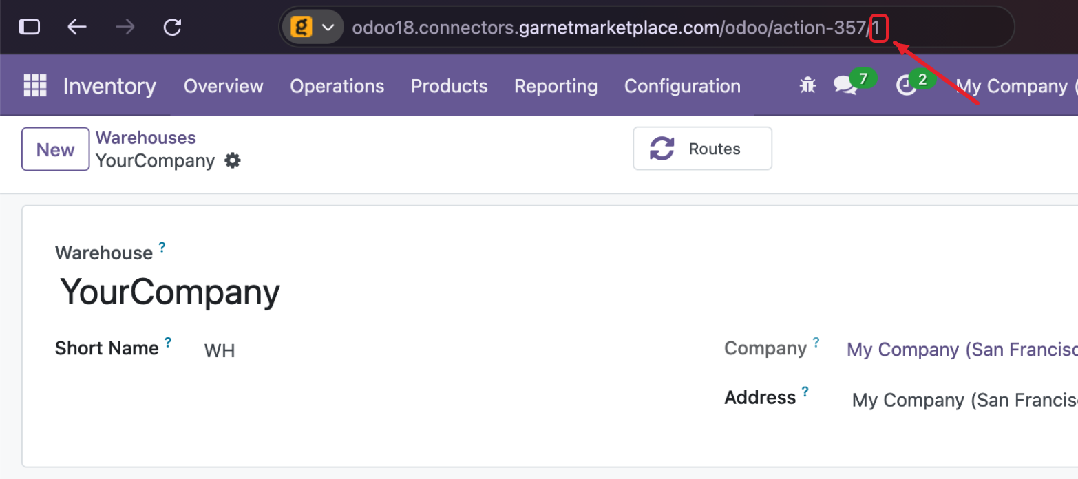 A warehouse open in Odoo 18: its ID, 1, ends the address