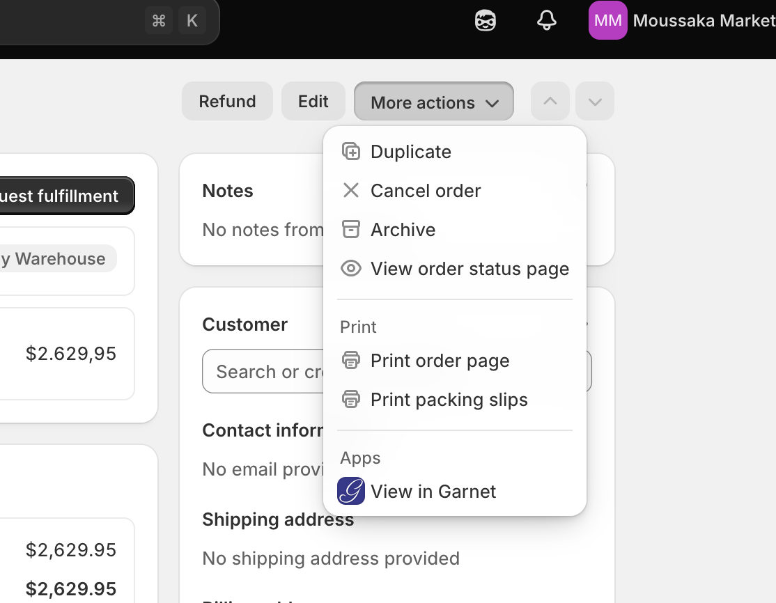 View in Garnet from the Shopify order page