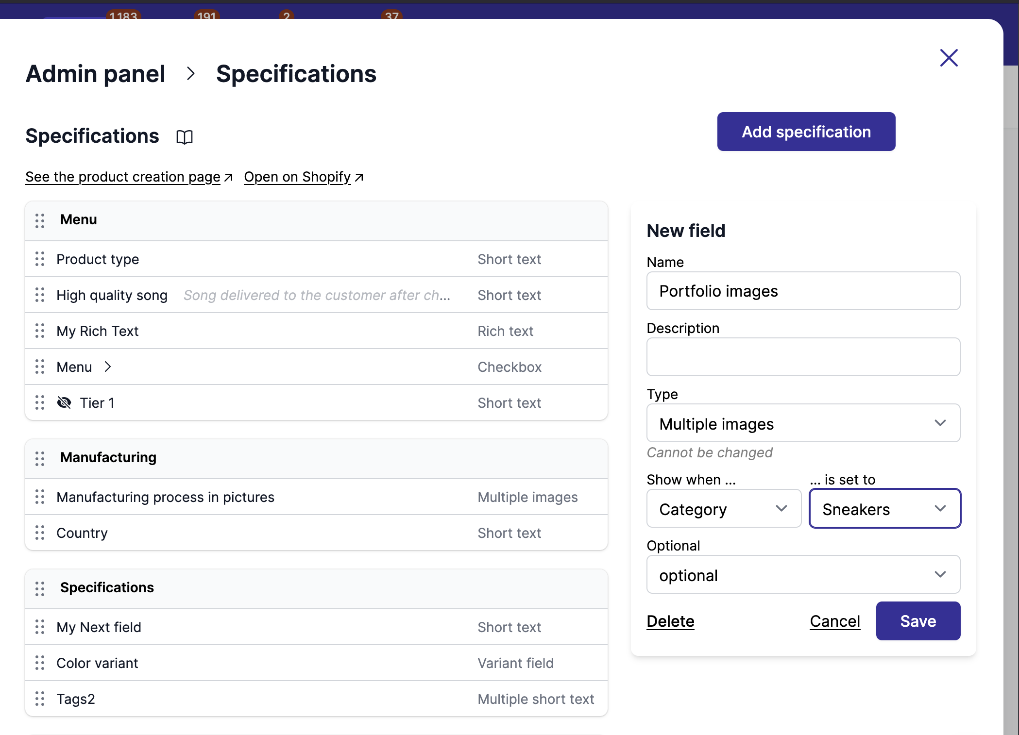 Add specifications screenshot