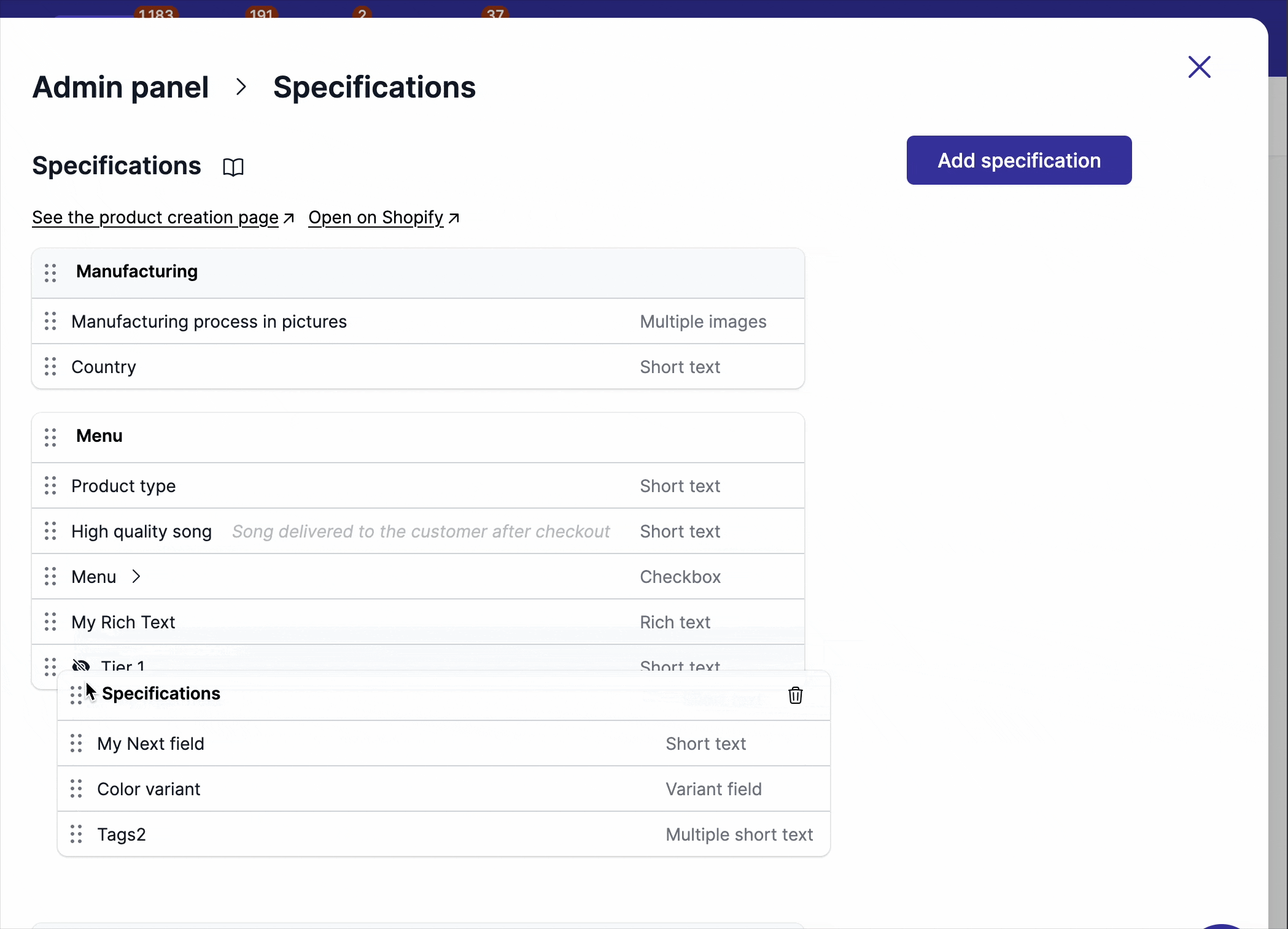 How to reorder and move sections in specifications