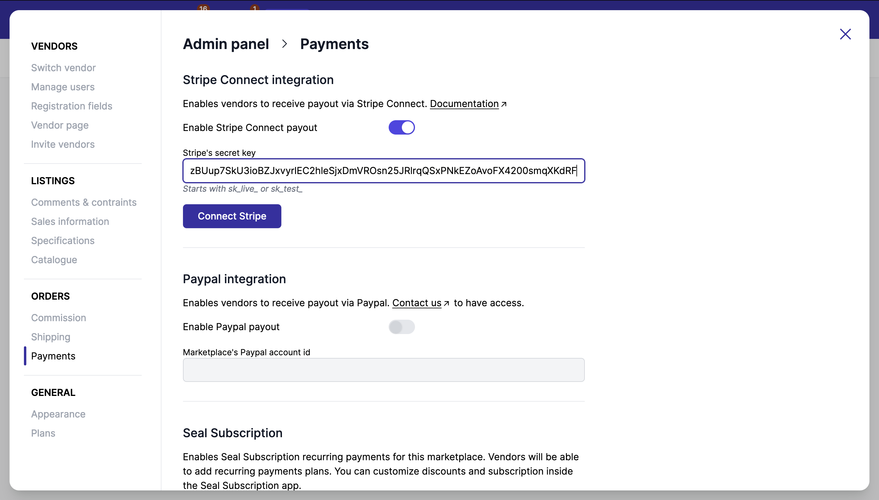 Payment settings on Garnet