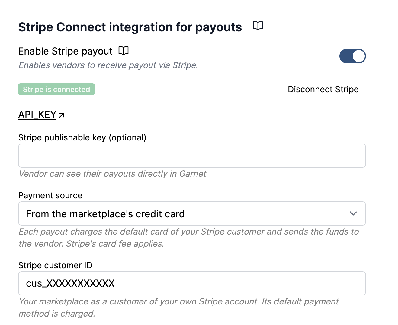 Payment source in the Stripe Connect settings
