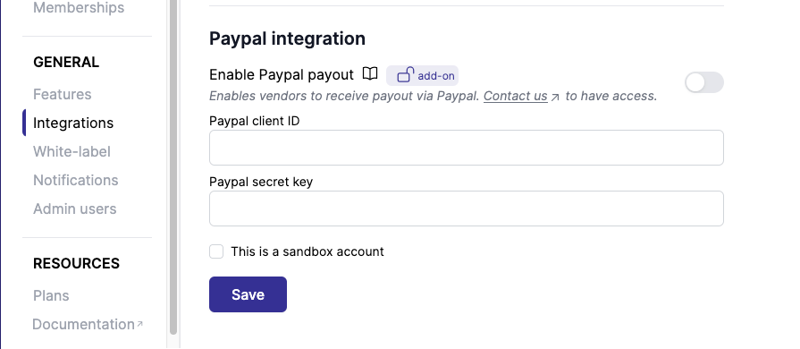Paypal setting