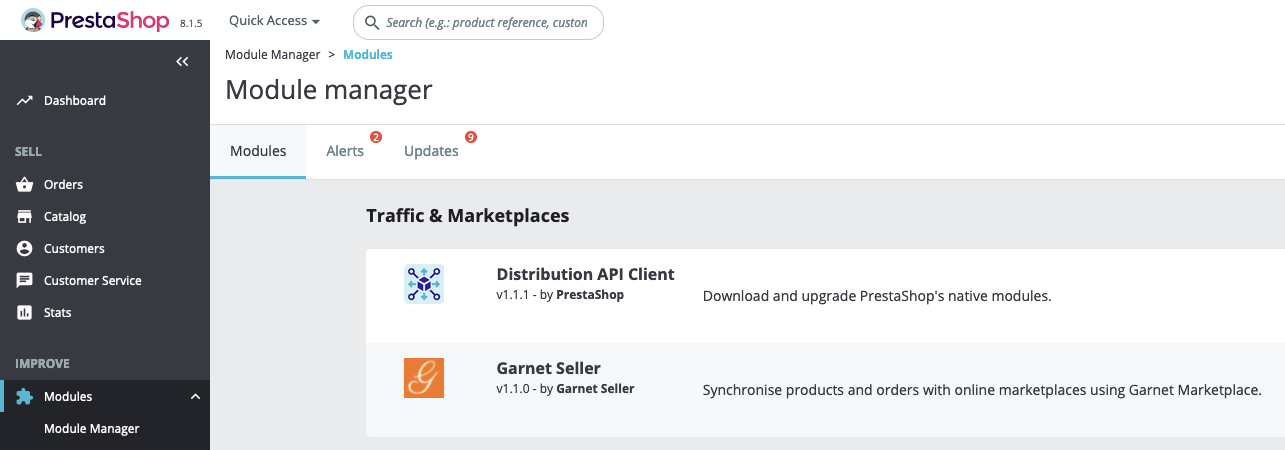 Prestashop module install page