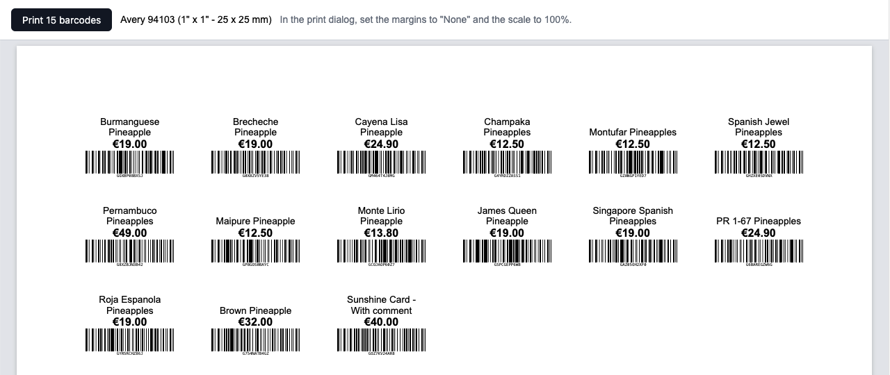Barcode labels on an Avery 94103 sheet