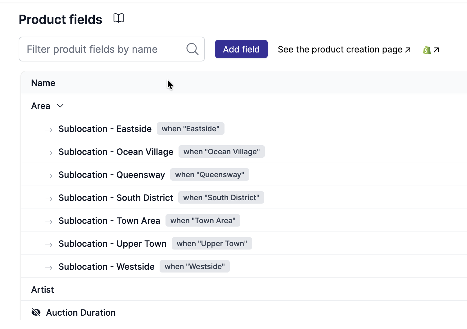 The list of product fields
