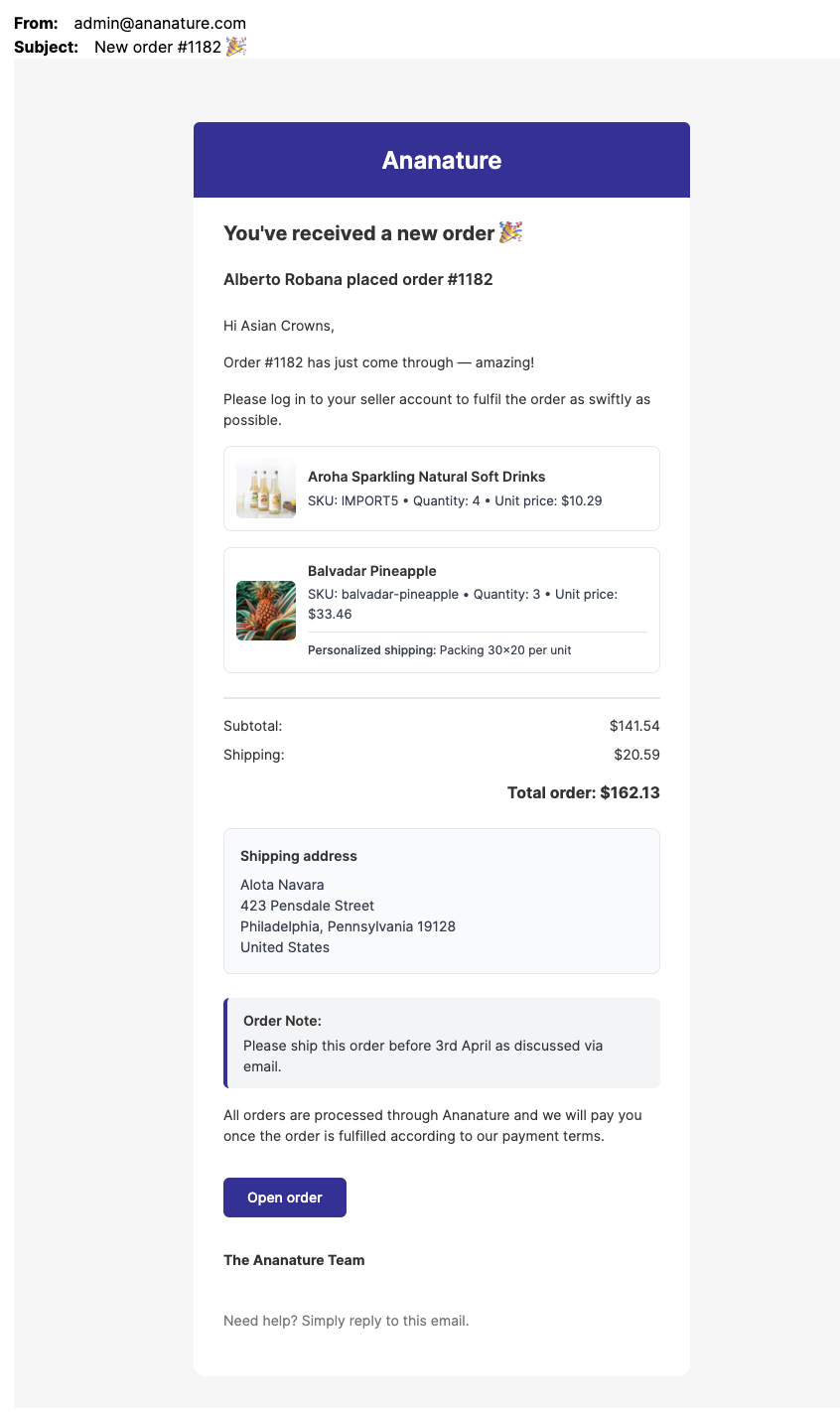 Order email template