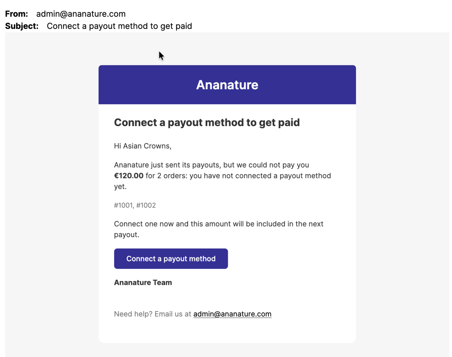 Email asking a vendor to connect a payout method