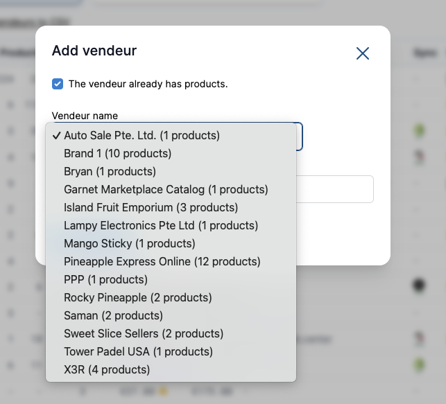 List existing vendor and product count