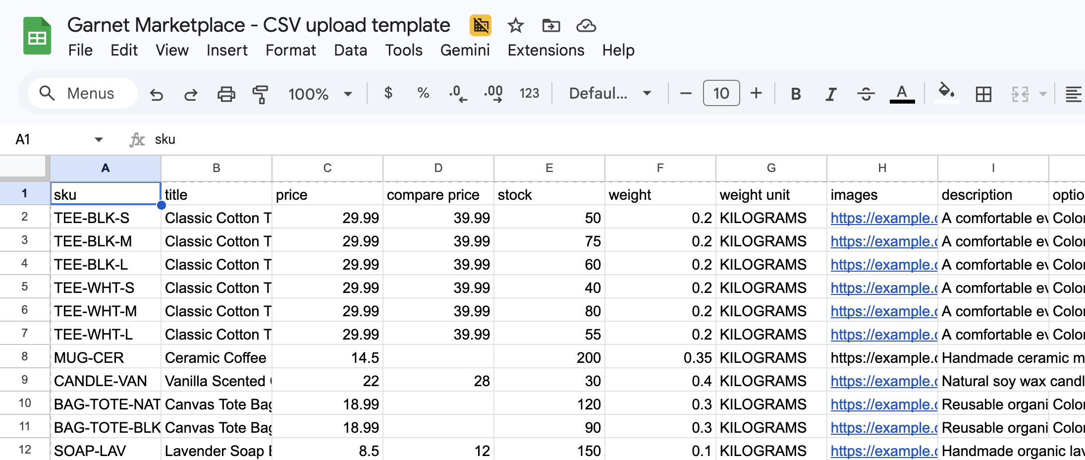 CSV upload template
