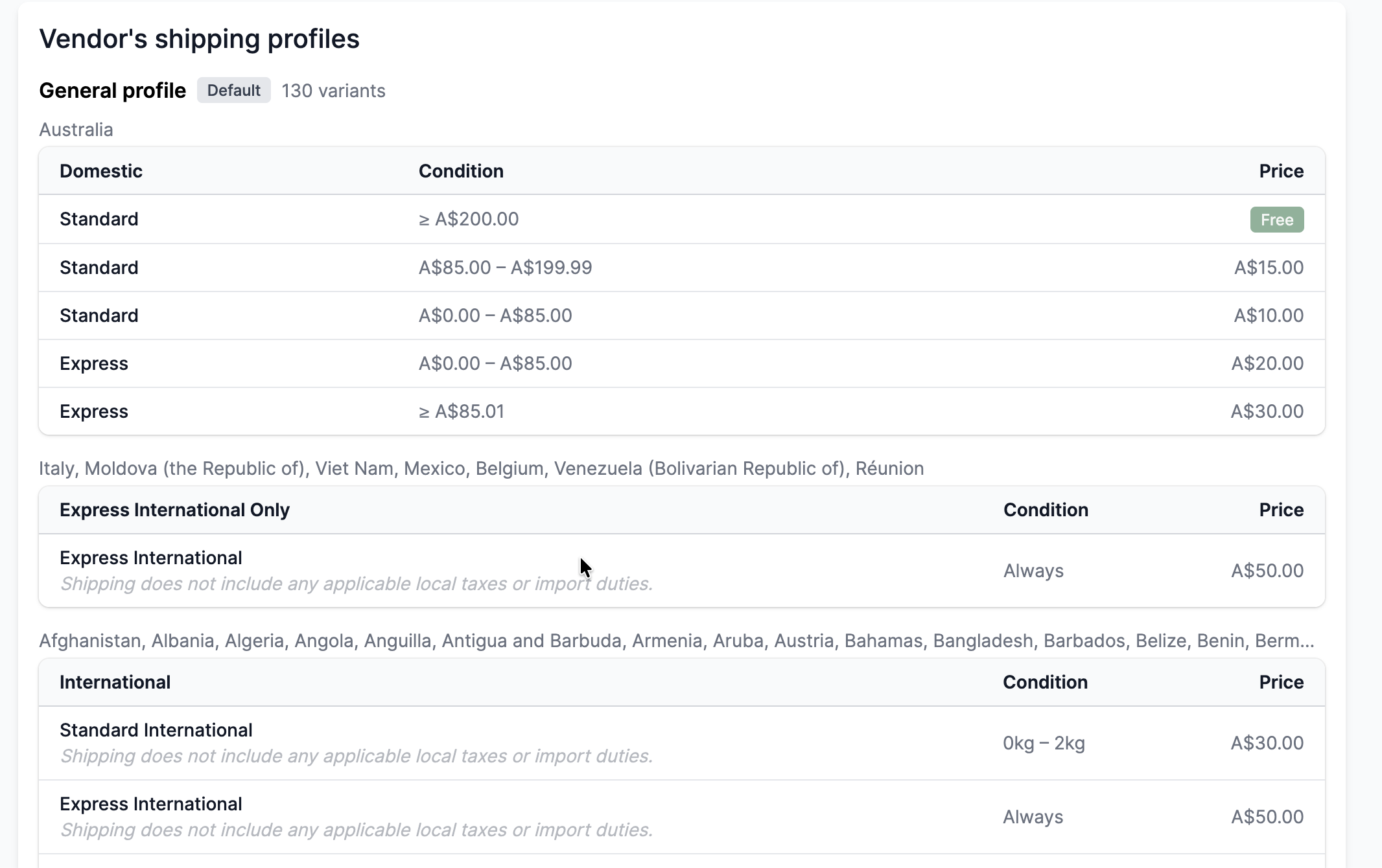 Vendor's shipping profiles
