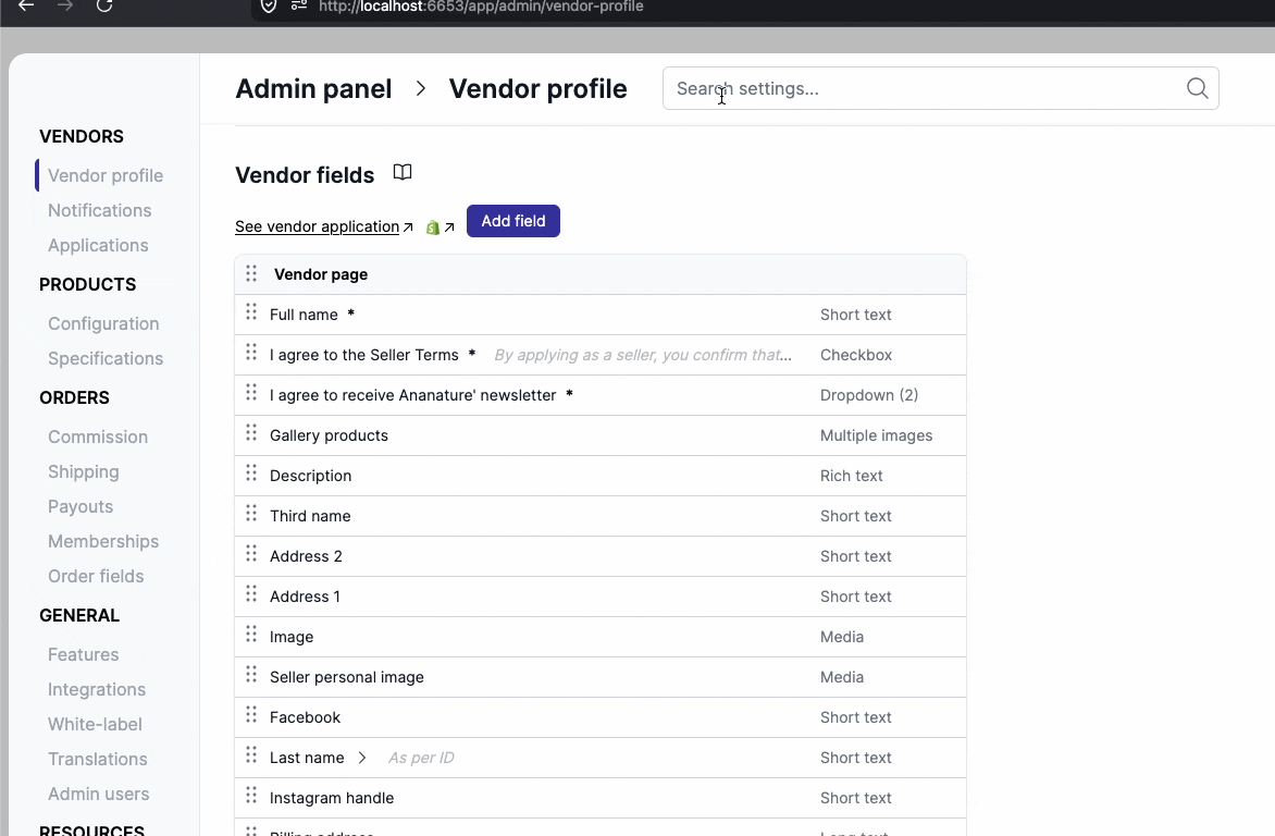 Search settings in admin panel