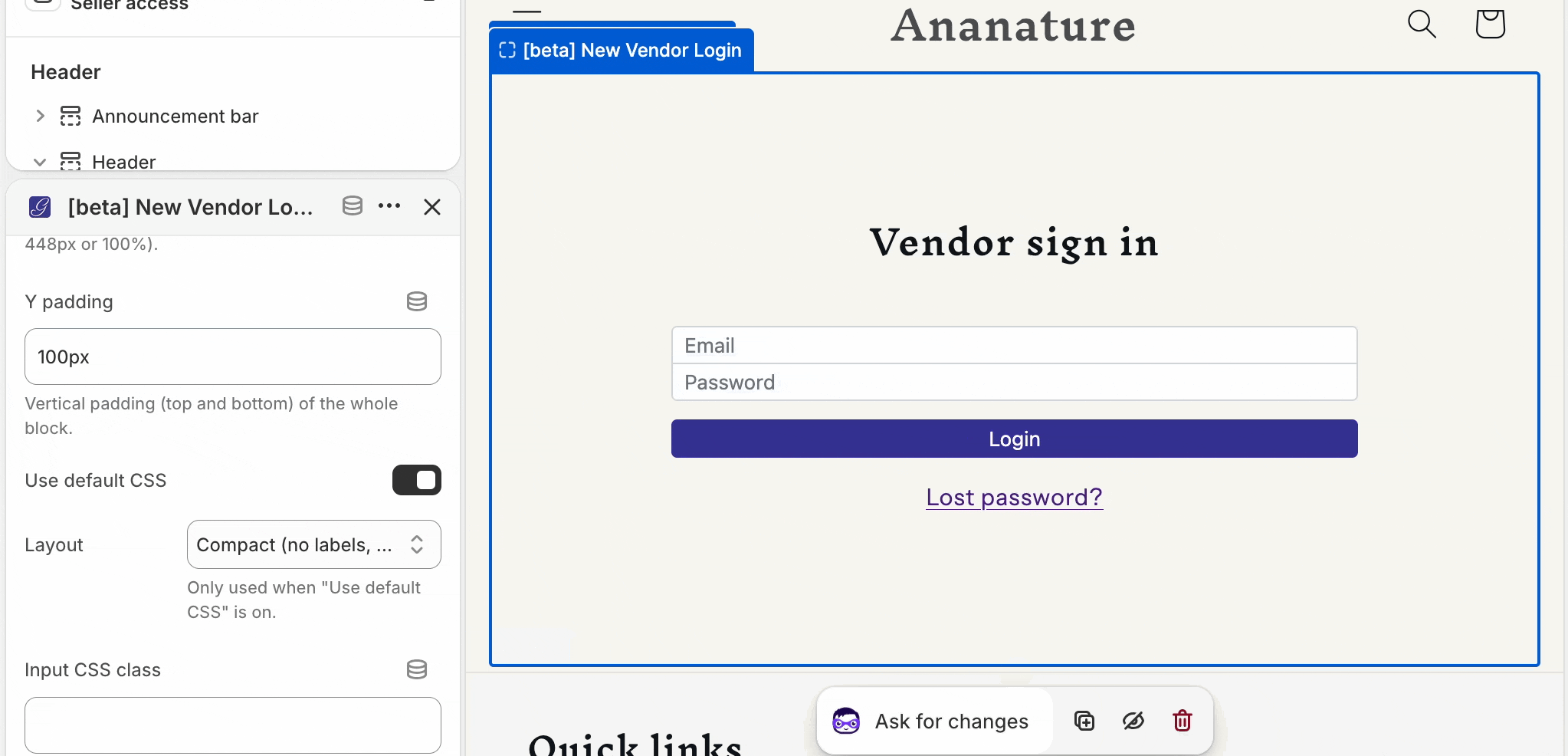 New vendor login component