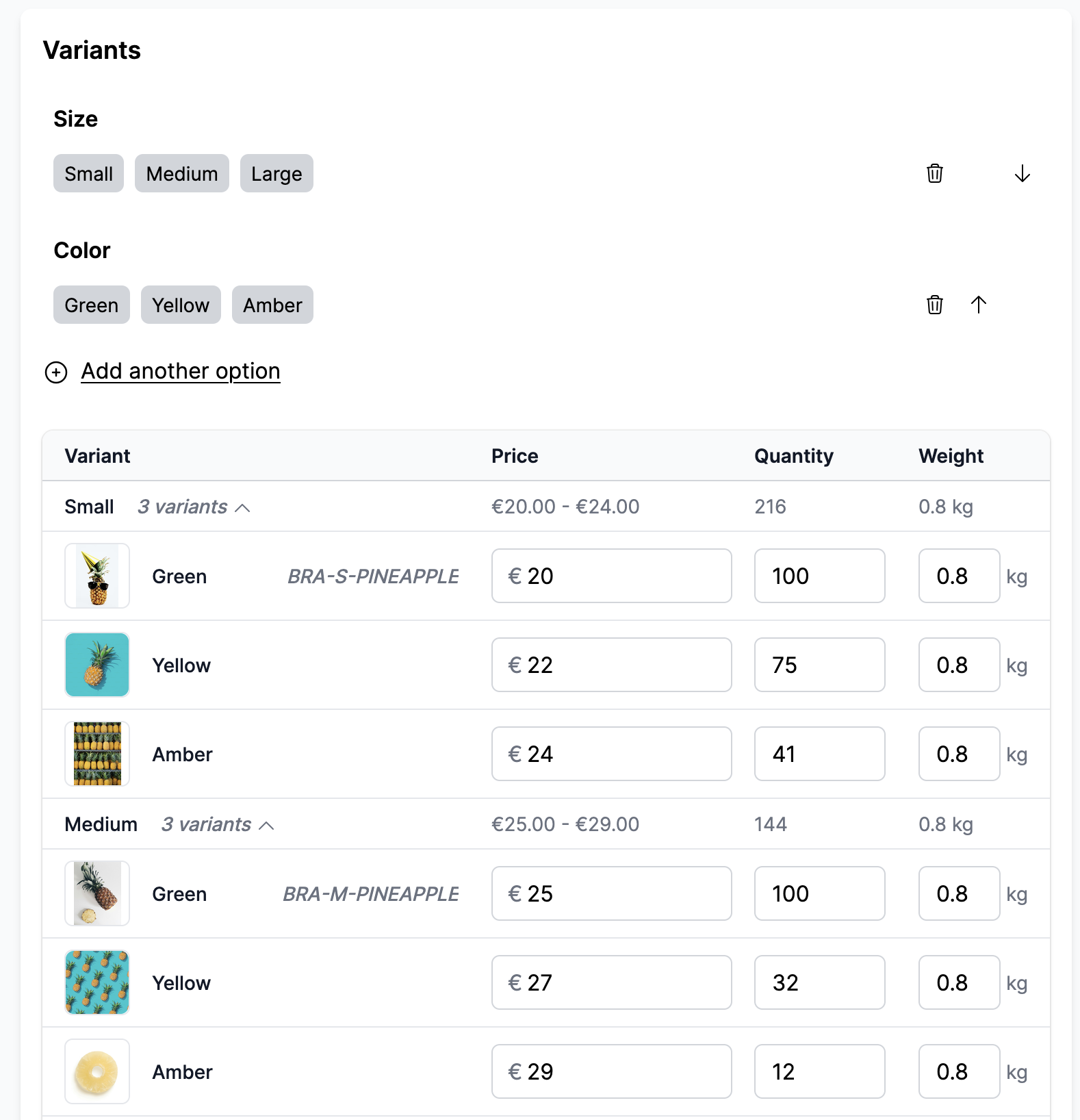 Variant list with price, quantity and weight
